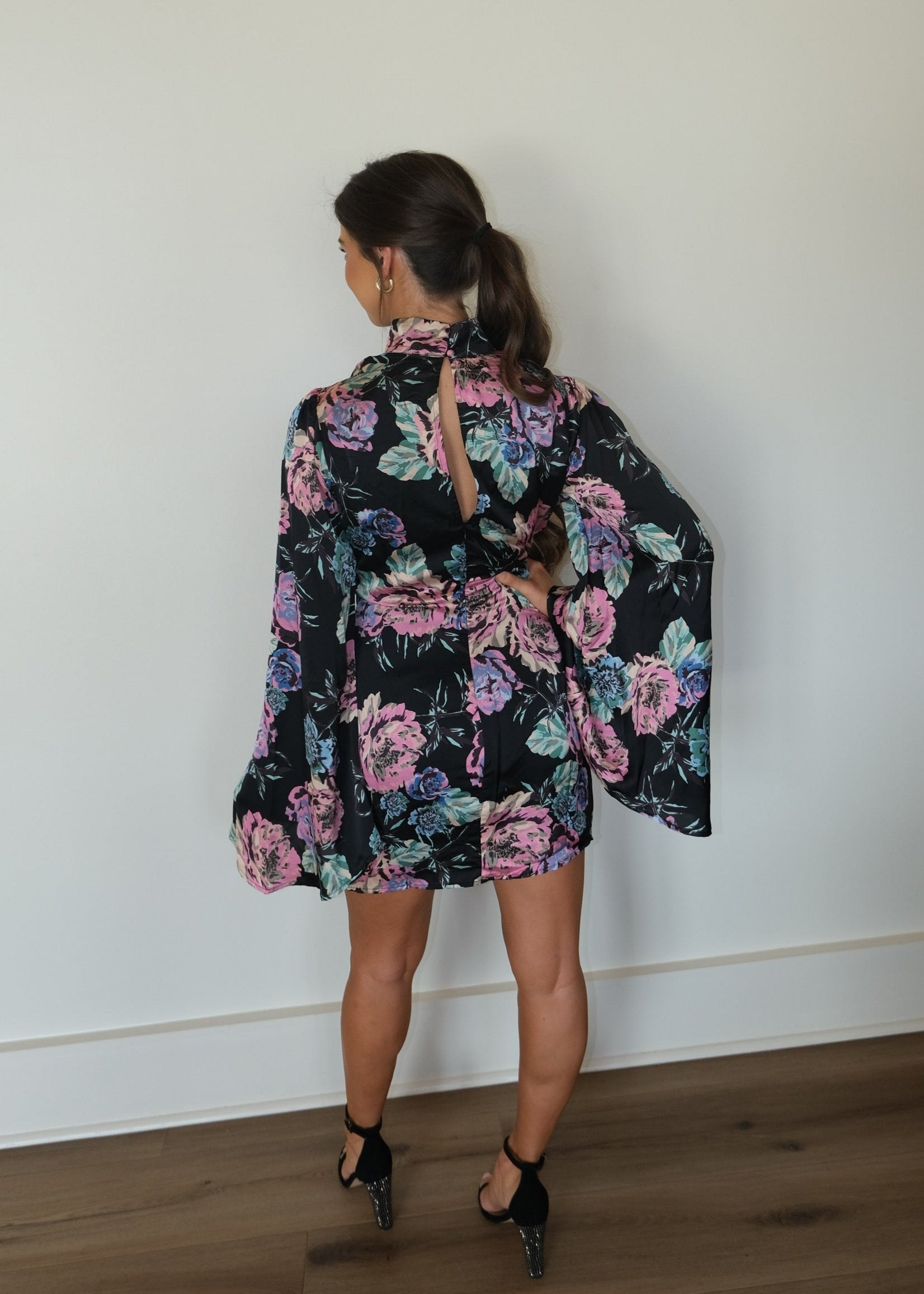 Black Floral Turtleneck Long Sleeve Satin Dress