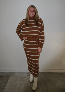 Camel/Cream Stripe Sweater Skirt Set