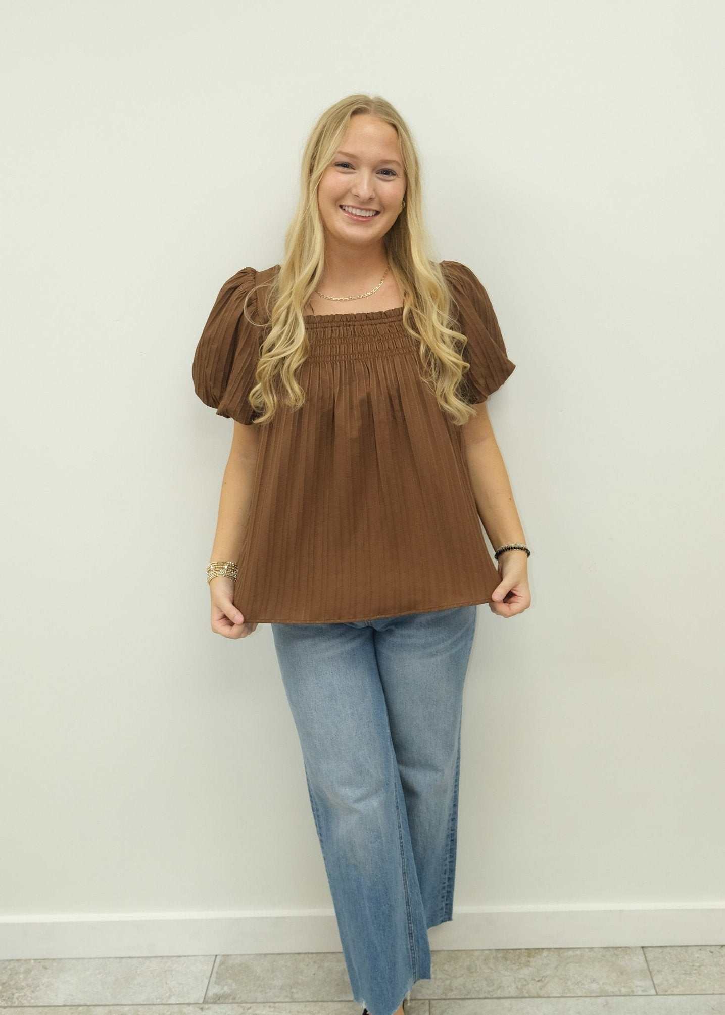 Brown Puff Sleeve Blouse