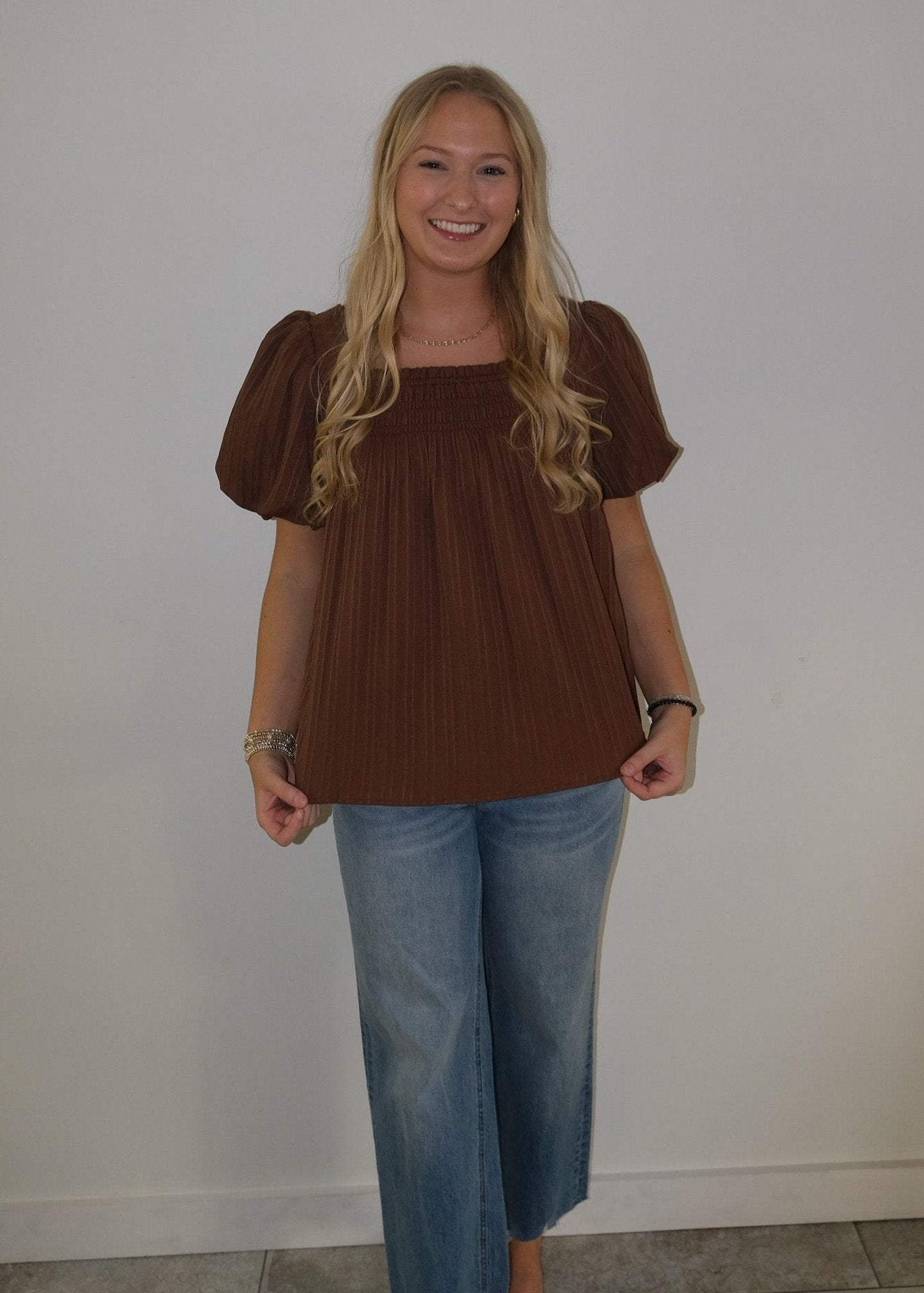 Brown Puff Sleeve Blouse