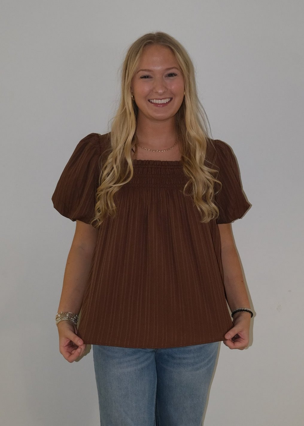 Brown Puff Sleeve Blouse