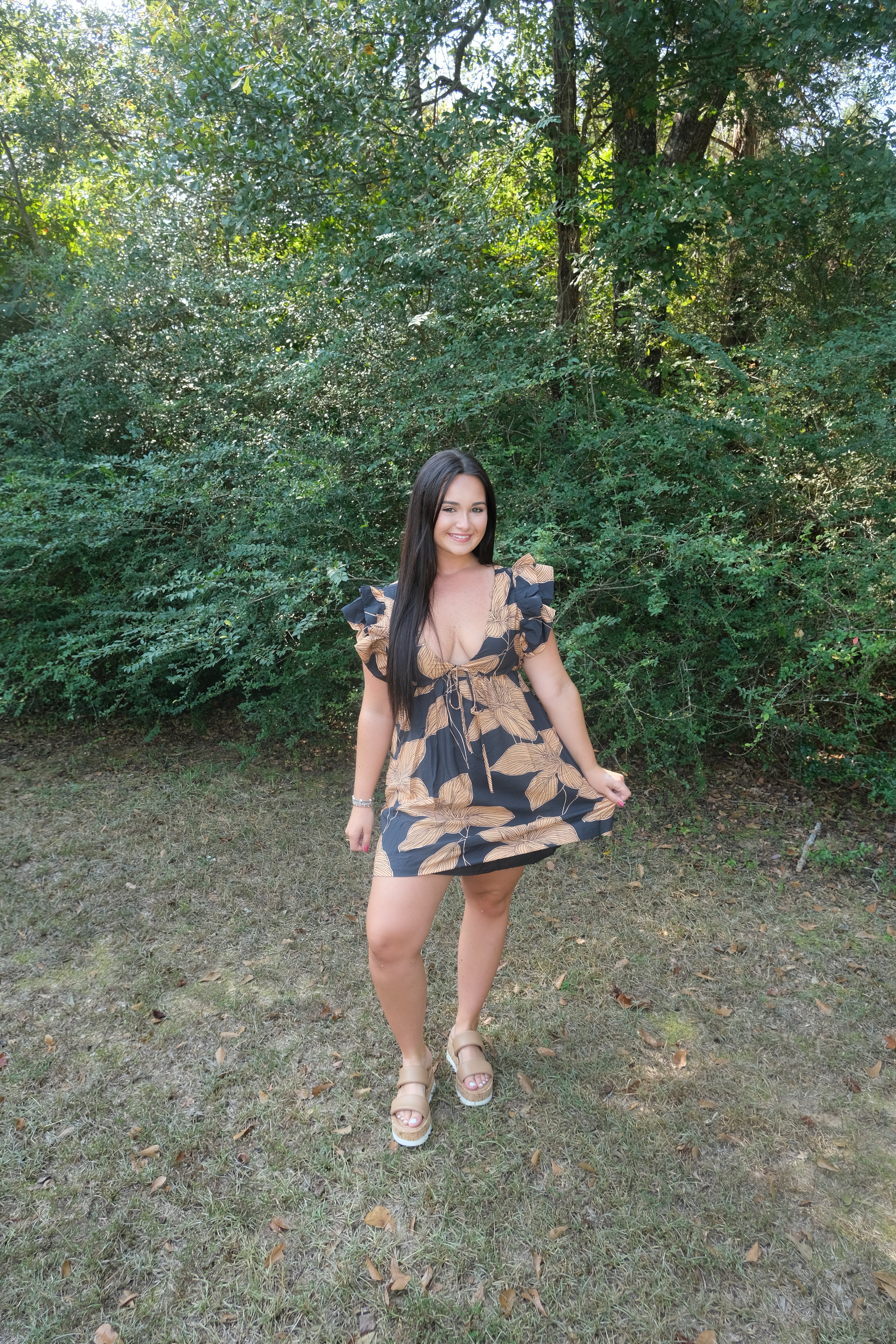 Black Plunge Floral Dress