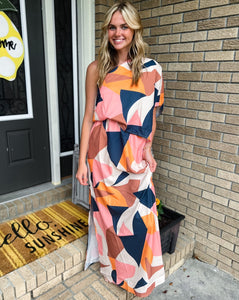Mocha Abstract One Shoulder Dress