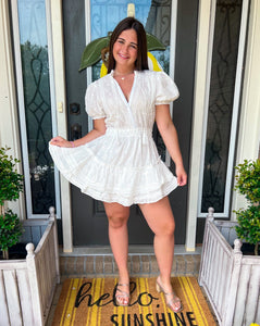 Off White Eyelet Lace Mini Ruffled Tiered Dress