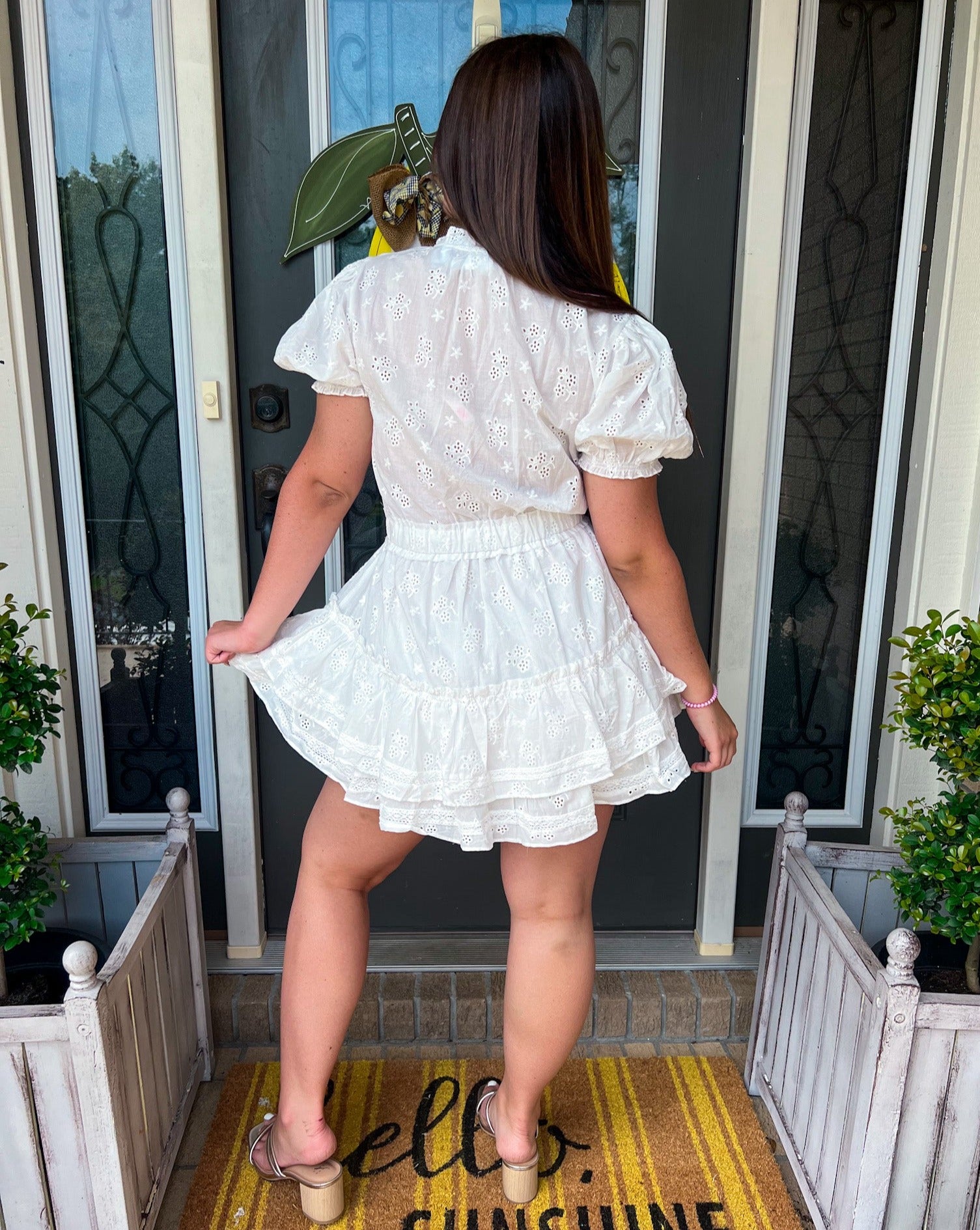 Off White Eyelet Lace Mini Ruffled Tiered Dress