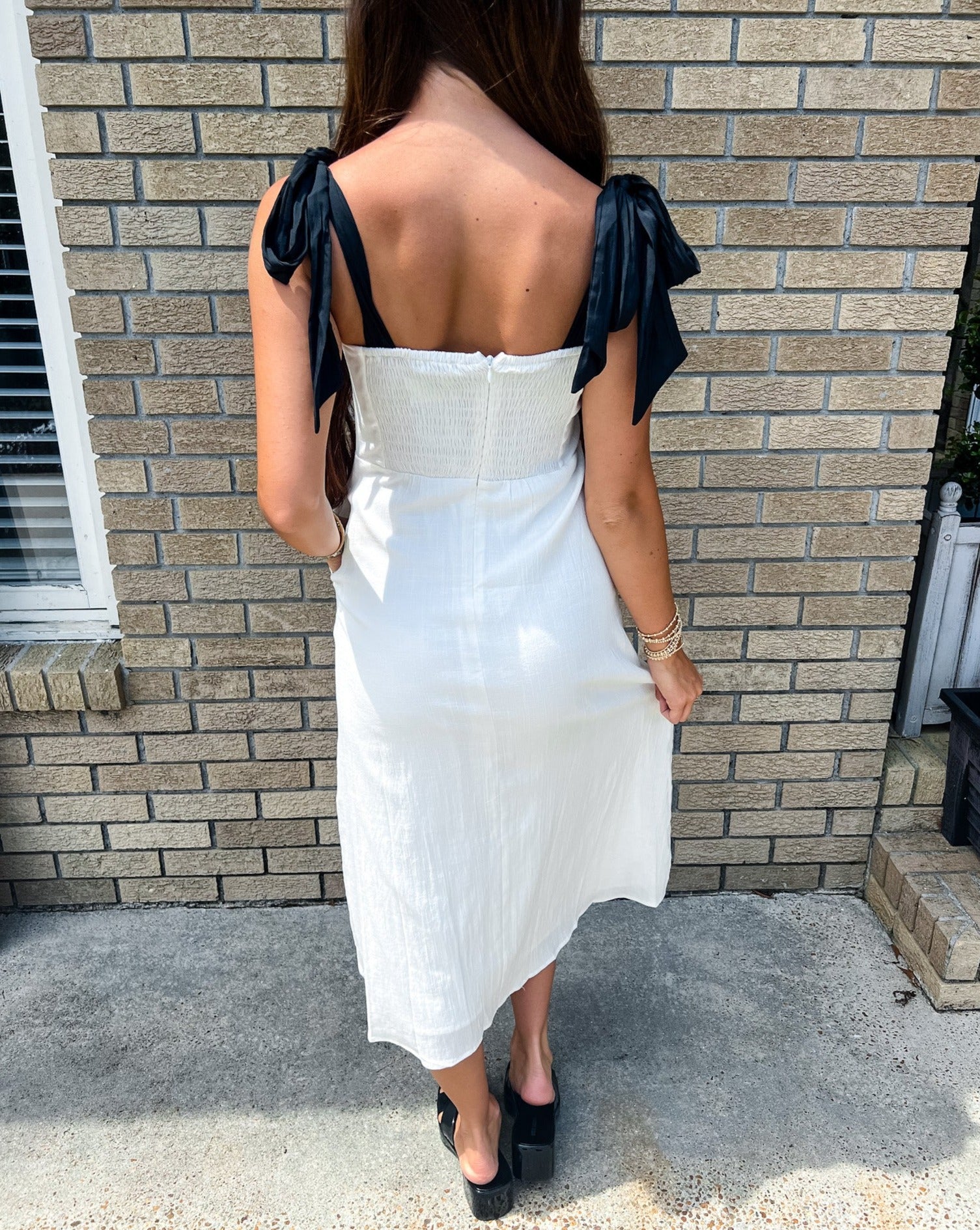 White/Black Tied Sleeve Slit Dress