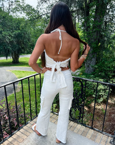 White Denim Tie Top