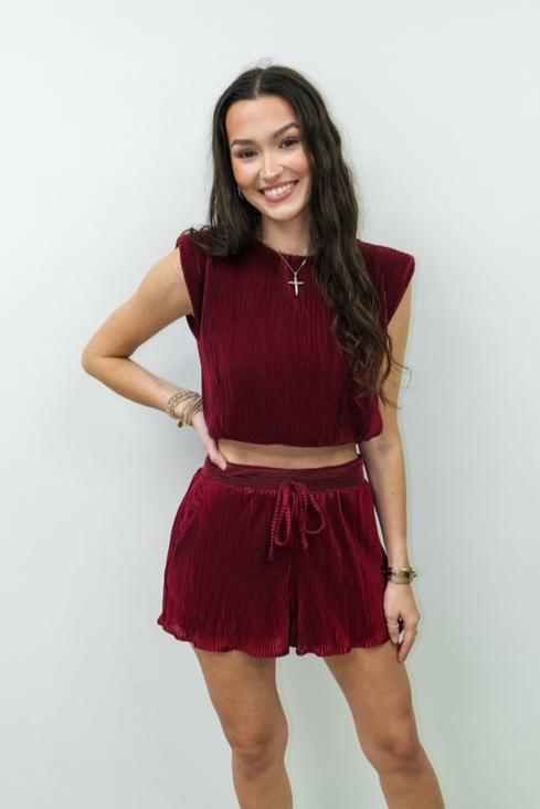 Pleated Maroon Short Set