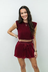 Pleated Maroon Short Set