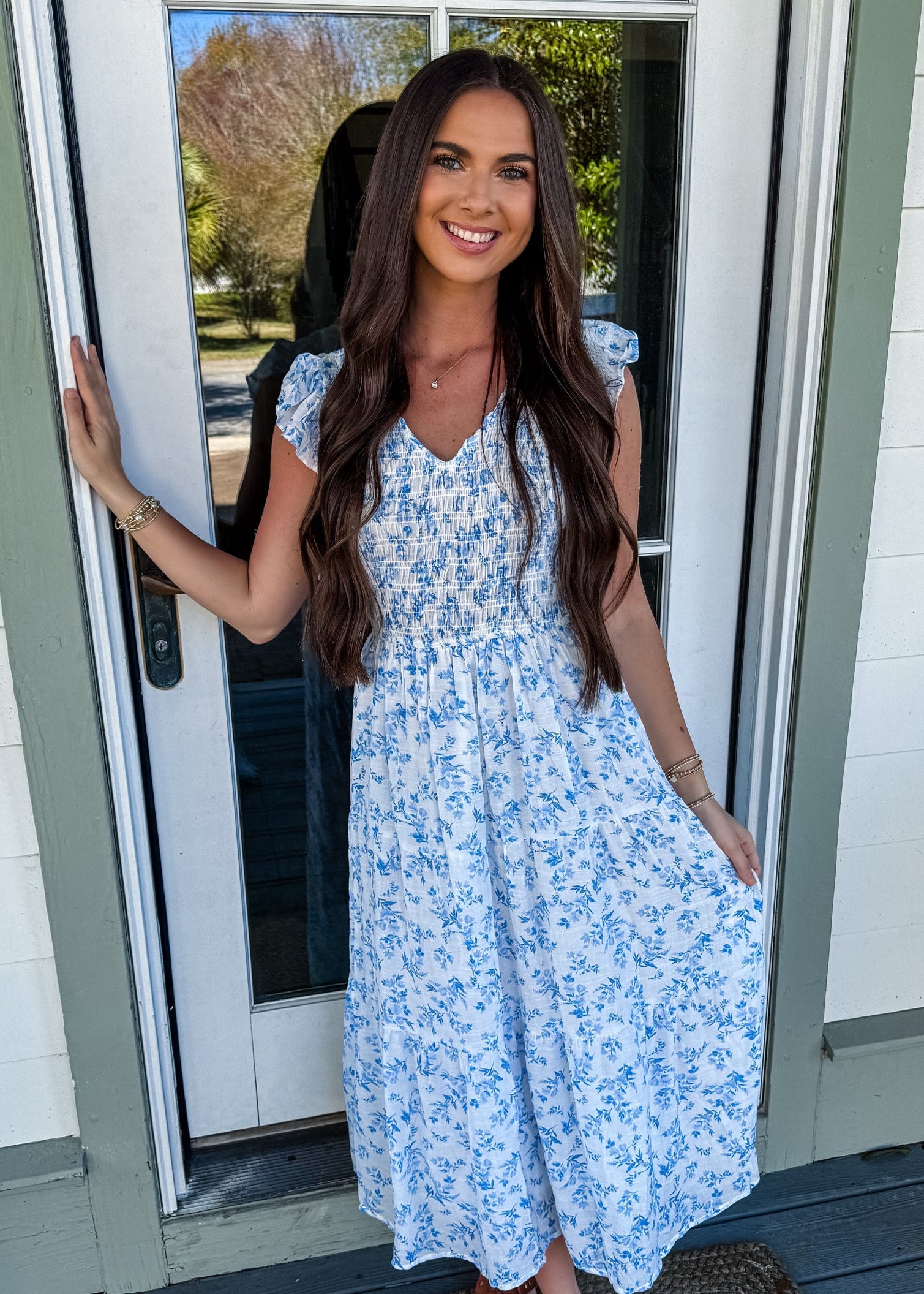Blue Floral Smoked Short Sleeve Midi Dress
