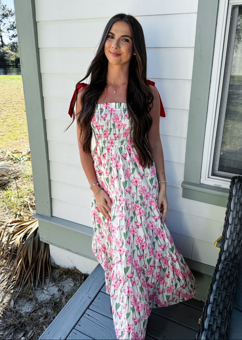 Pink Floral Red Tie Dress
