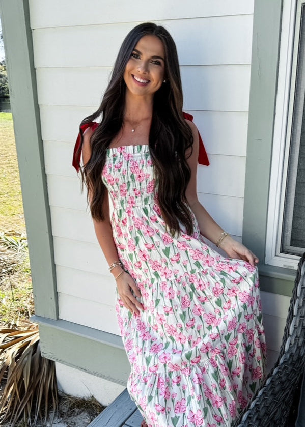 Pink Floral Red Tie Dress