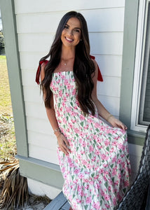 Pink Floral Red Tie Dress