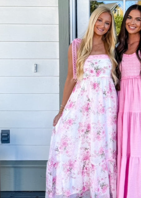 Floral Pink Crochet Lace Strap Maxi Dress