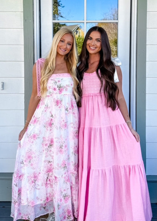 Floral Pink Crochet Lace Strap Maxi Dress