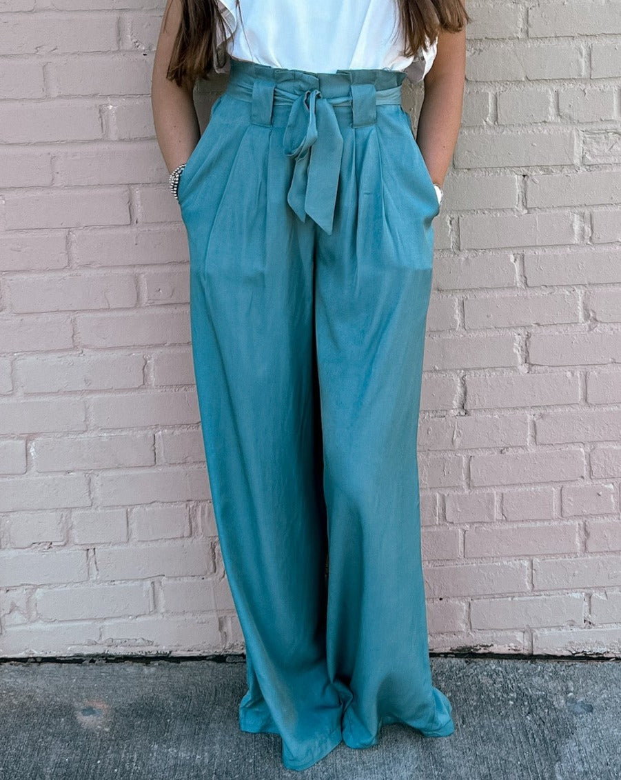 SALE Mineral Blue Paper Bag Waist Wide Leg Pants