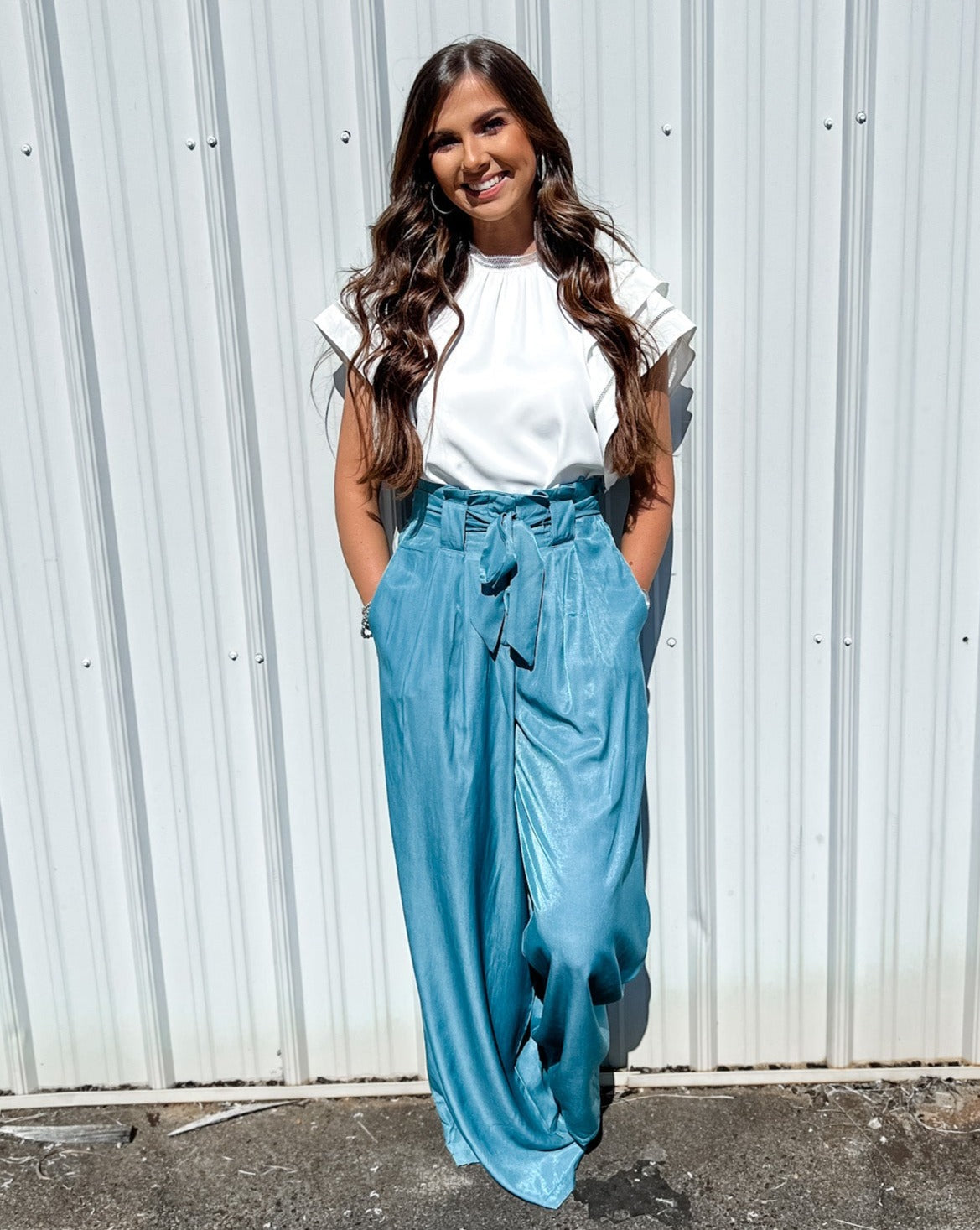 SALE Mineral Blue Paper Bag Waist Wide Leg Pants