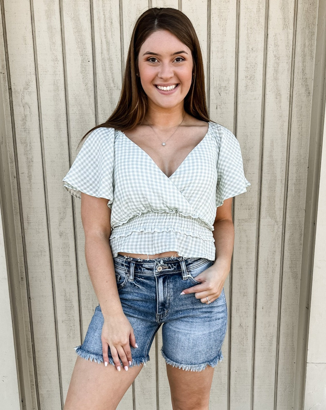 SALE Mint/Ivory Flare Sleeves With Tie Front Top