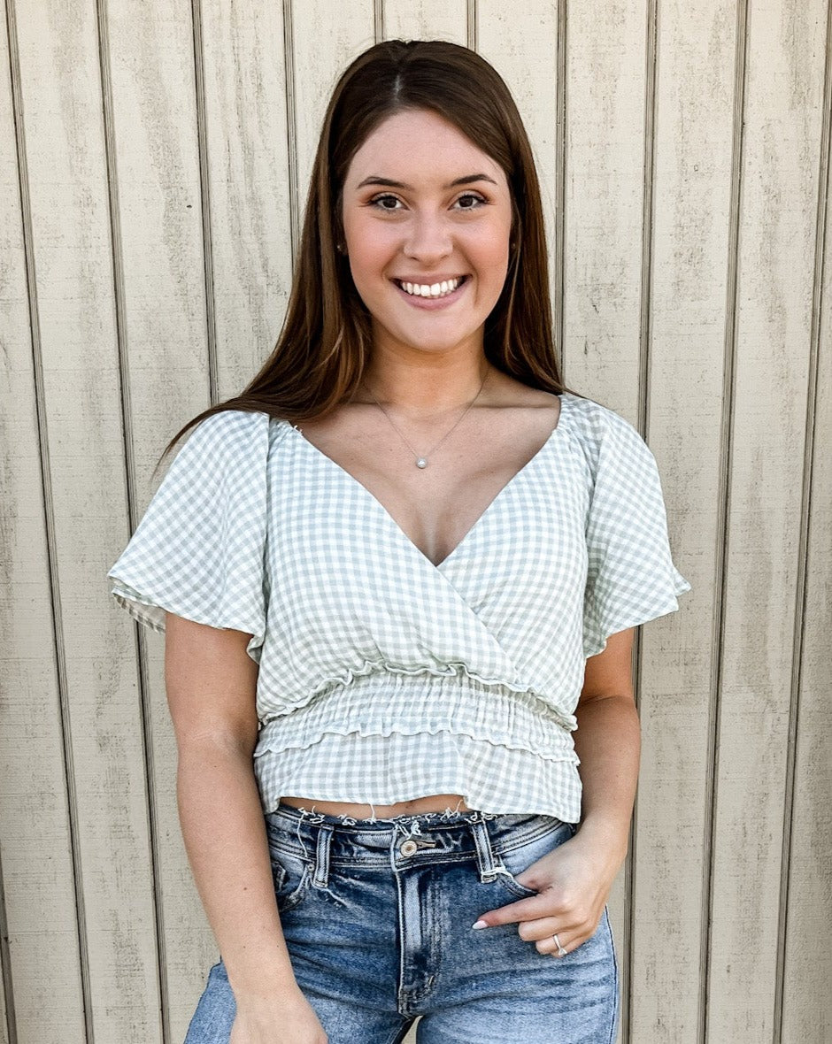 SALE Mint/Ivory Flare Sleeves With Tie Front Top